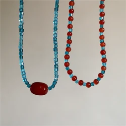 Goth Vintage Sweet Red Blue Colorful Beaded Choker Necklace For Women Aesthetic Y2K EMO Rave Jewelry Accessories Gifts Wholesale