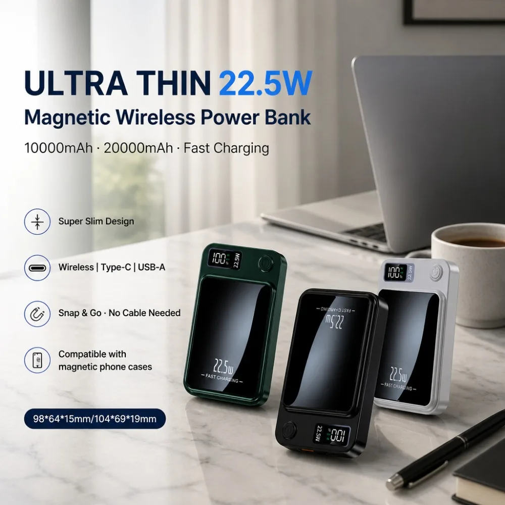 20000mAh Magnetic Power Bank Ultra Thin 22.5W Fast Charging Wireless Battery Pack for Samsung Xiaomi Huawei  power bank 20000mah