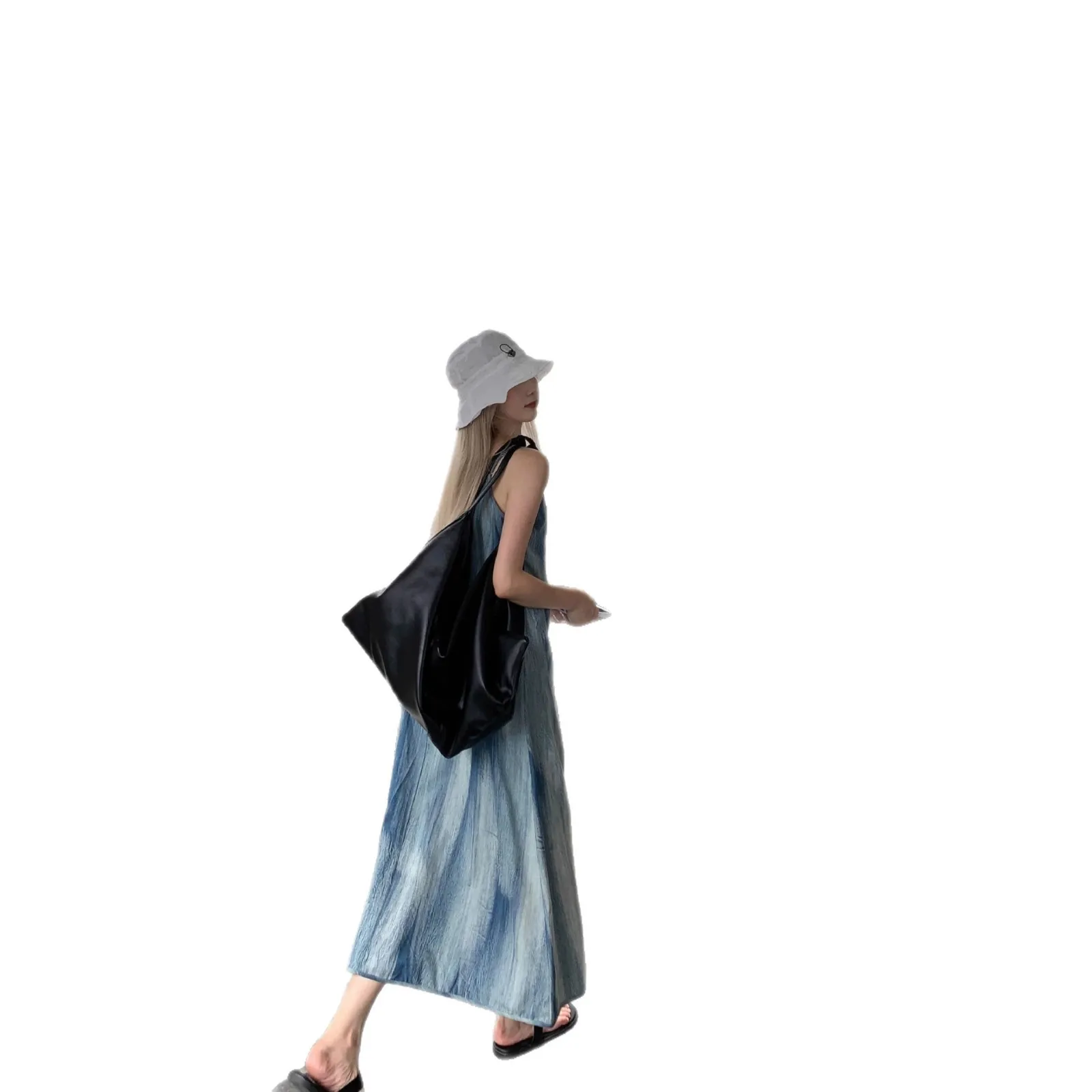 Summer Tie-Dye Denim Strap Dress Women's Slimming Straight Long Skirt Artistic Vintage Style Midi Dress No Sleeve Casual Wear