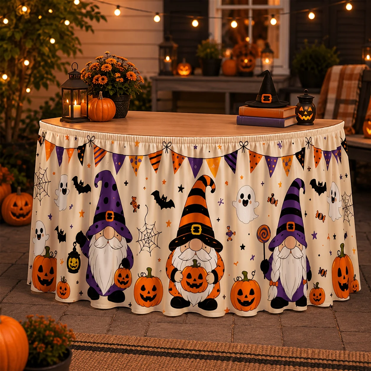 1 tablecloth table skirt cream background cute dwarf halloween table skirt pattern dwarf ghost magic lamp