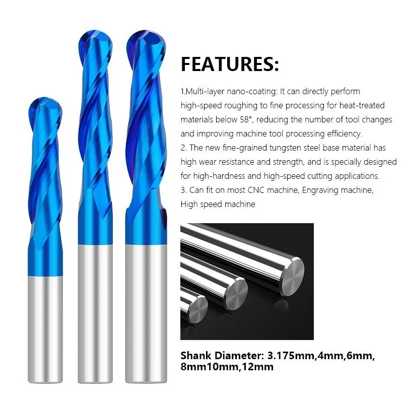 XCAN Ball Nose End Mill 3.175 4 6 8 10 12mm Shank Carbide Milling Cutter 2 Flute Nano Blue Coated CNC Router Bit For Woodworking