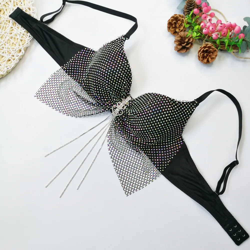 lingerie sexy per adulti da donna personalizzata rete da pesca reggiseno tempestato di diamanti corsetto a farfalla ciondolo a cuore nappa canotta gilet xxxn