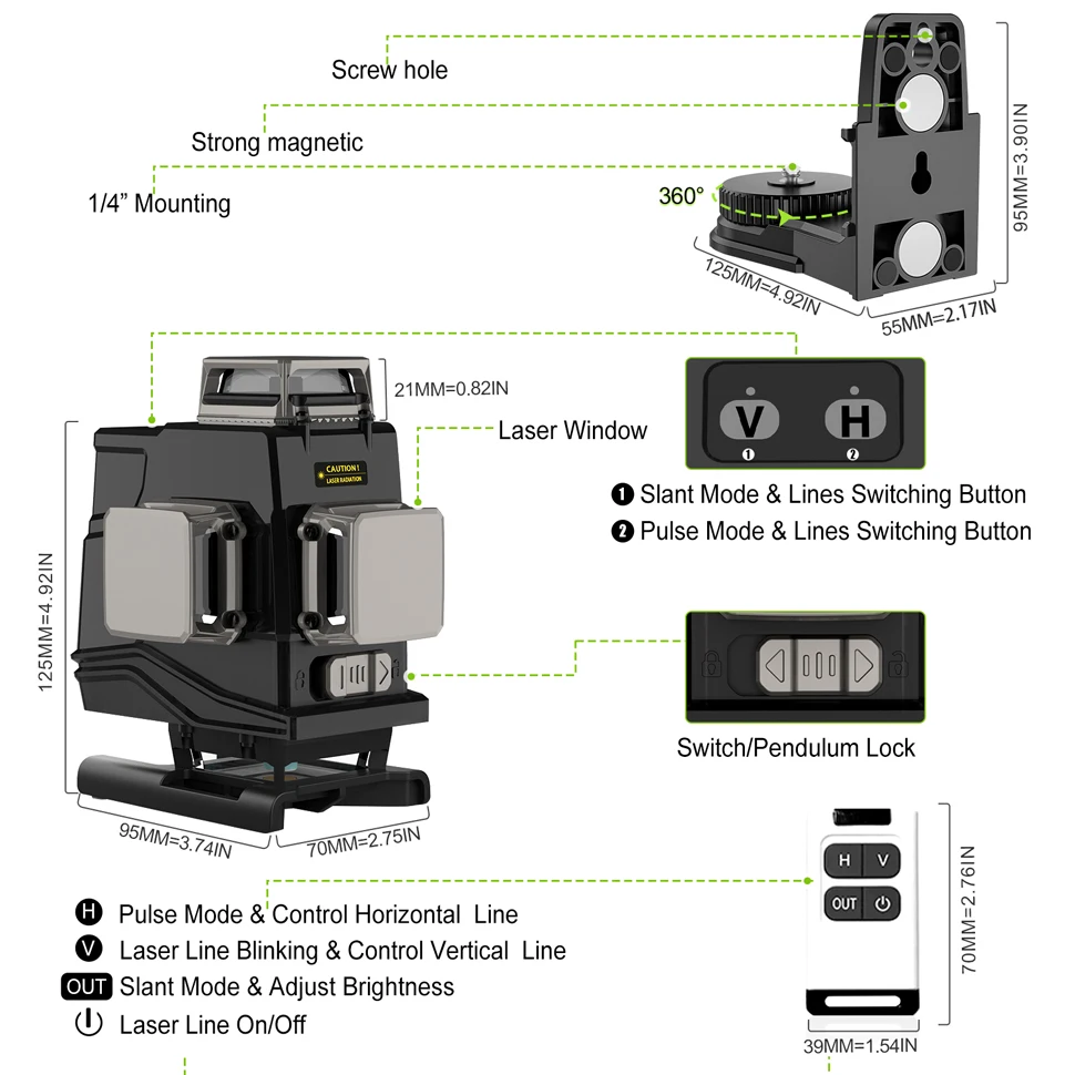 Clubiona 4D 16 Lines laser level professional super powerful green line and lithium-ion battery remote control pulse mode