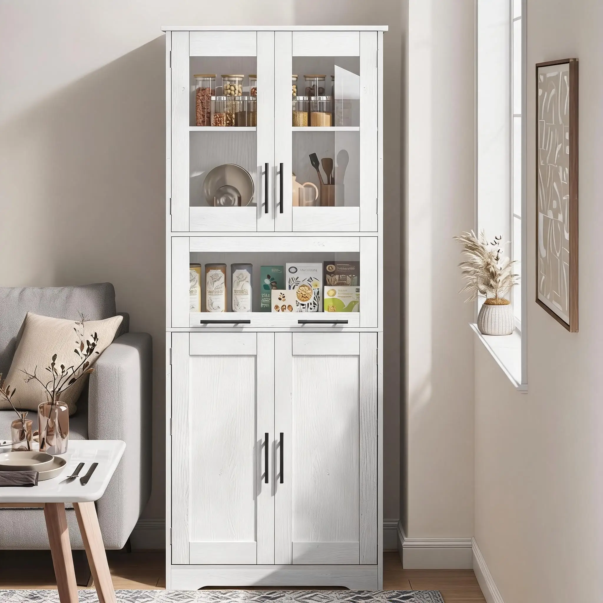 Armadio da ingresso alto 170 cm, stretto su piedi - stile vintage moderno - ante in vetro, cassetto + ripiani regolabili - MDF resistente all'umidità, marrone