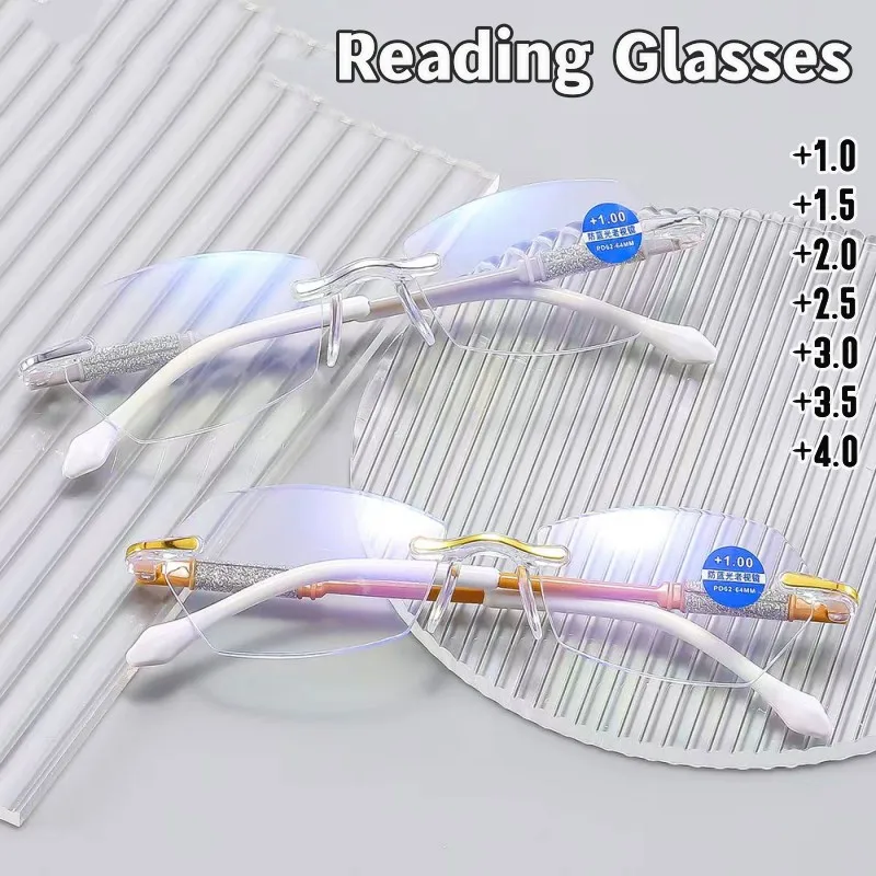 

Fashion Rimless Diamond Presbyopia Eyewear Anti-blue Light Reading Glasses Vintage Farsighted Eyeglasses Prescription +1.0~+4.0