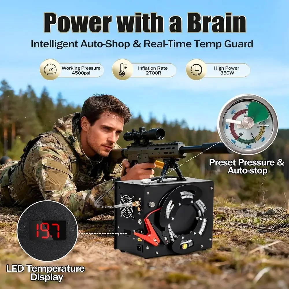 Portable Dual-Power Air Compressor, 4500 PSI, Car or Home Use, for Paintball Tanks, with Cooling System