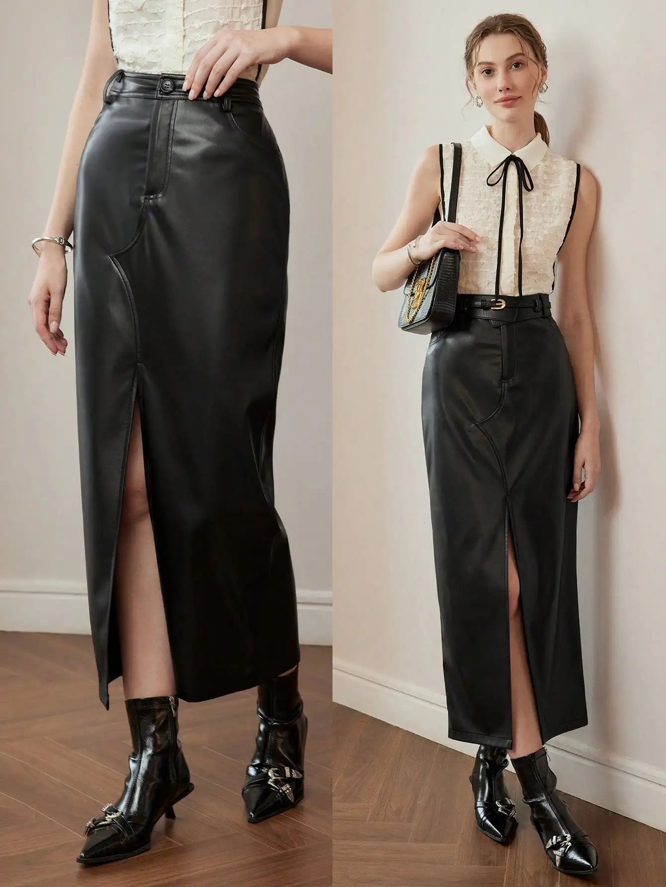 

PU Leather Midi Skirt Woman Black High Waist Split Hem Y2K Aesthetic Coffee Date Outfit 25 Summer Work Casual Cocktail Parties