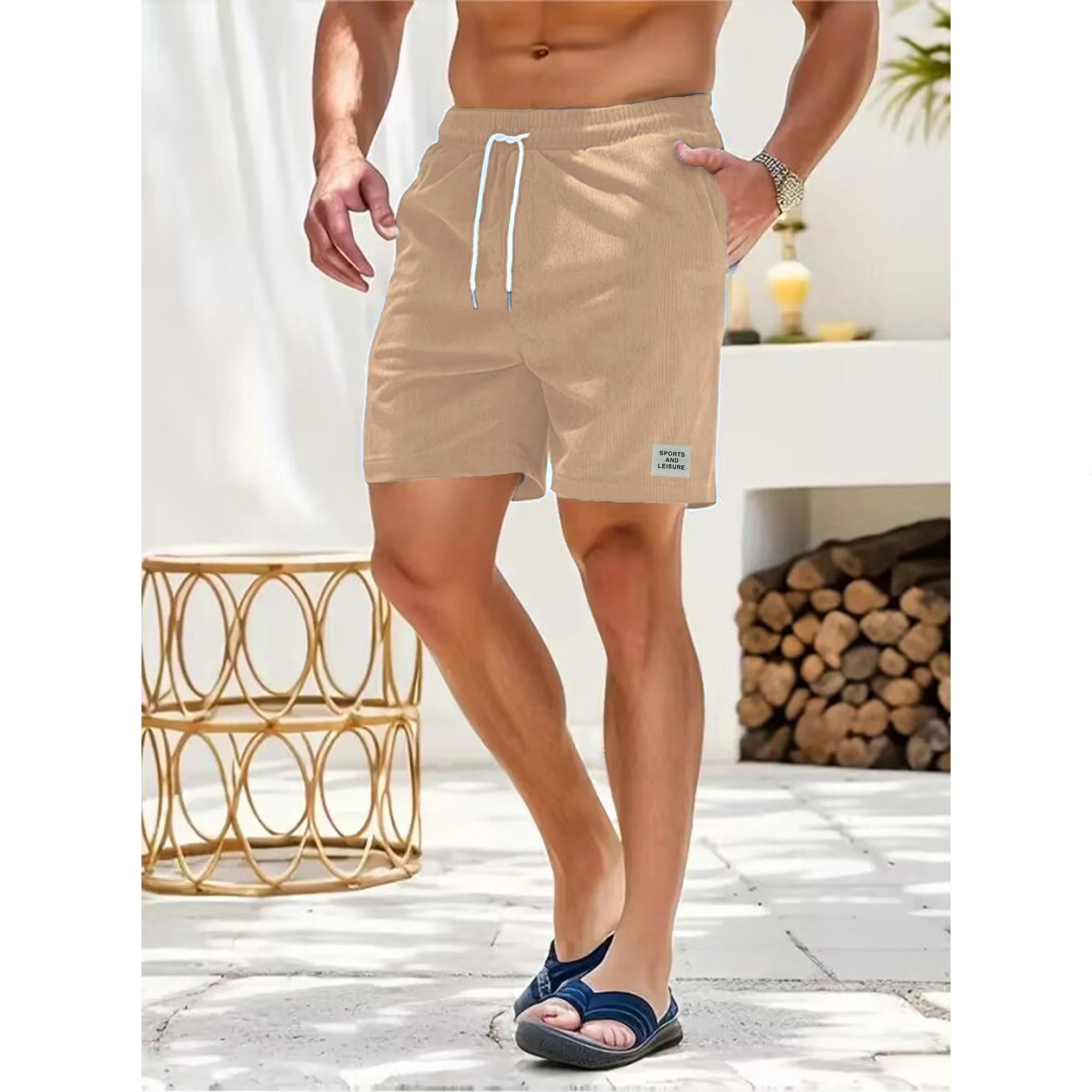 Summer new solid color lace-up sweatpants corduroy simple quarter shorts men\'s shorts casual pants