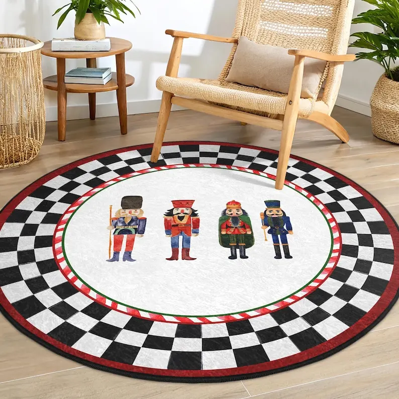 Nutcracker Character Round Rug with Checker Border,Colorful Xmas Holiday Circle Carpet,Festive Area Mat for Christmas Home Decor