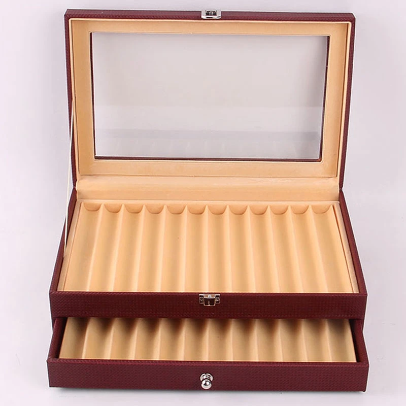 24 Slots Wooden Fountain Pen Display Case, Luxury Topped PU Leather Pen Display Case Jewelry Organizer,Wine Red