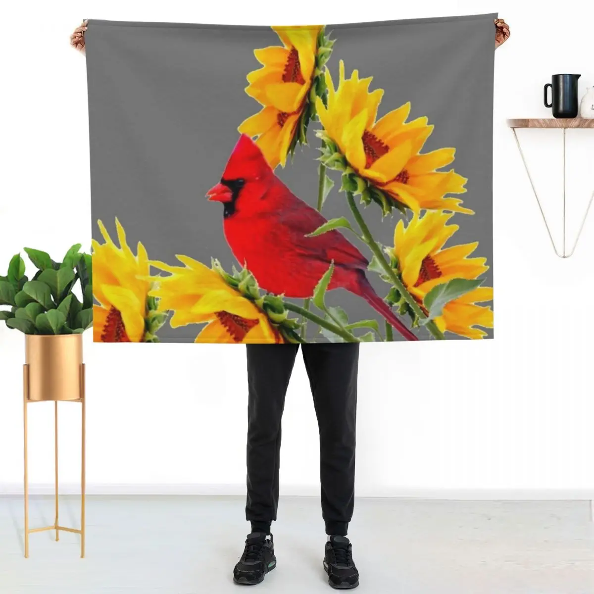 

RED CARDINAL & YELLOW SUNFLOWERS ON GREY A,RT Throw Blanket Wrinkle Resistant Lightweight Blanket