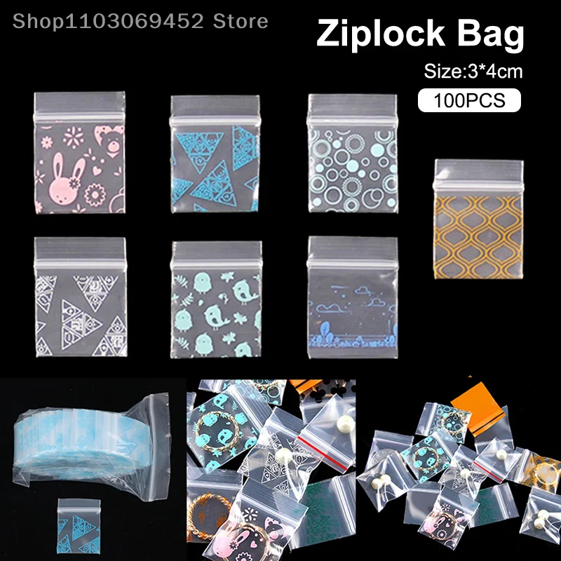 

100Pcs Cute Cartoon Printing Packaging Bag Ziplock Bag Pill Packaging Bag Thicken Powder Packaging Seal Bag Jewelry Bag 2.5x3cm