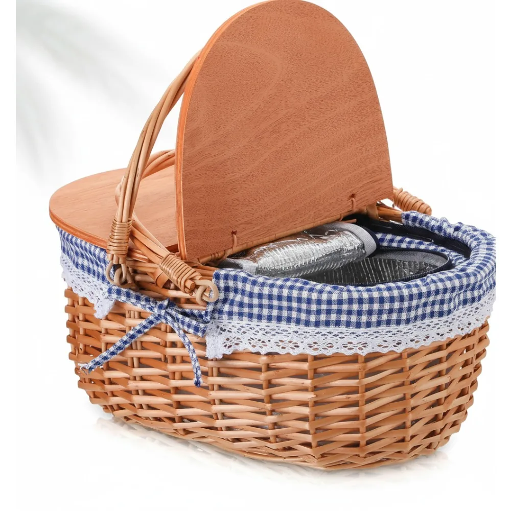 

Insulated Picnic Basket with Cooler Bag, Portable for Outdoor Camping, Gift for Valentine Birthday Easter (Blue Plaid)