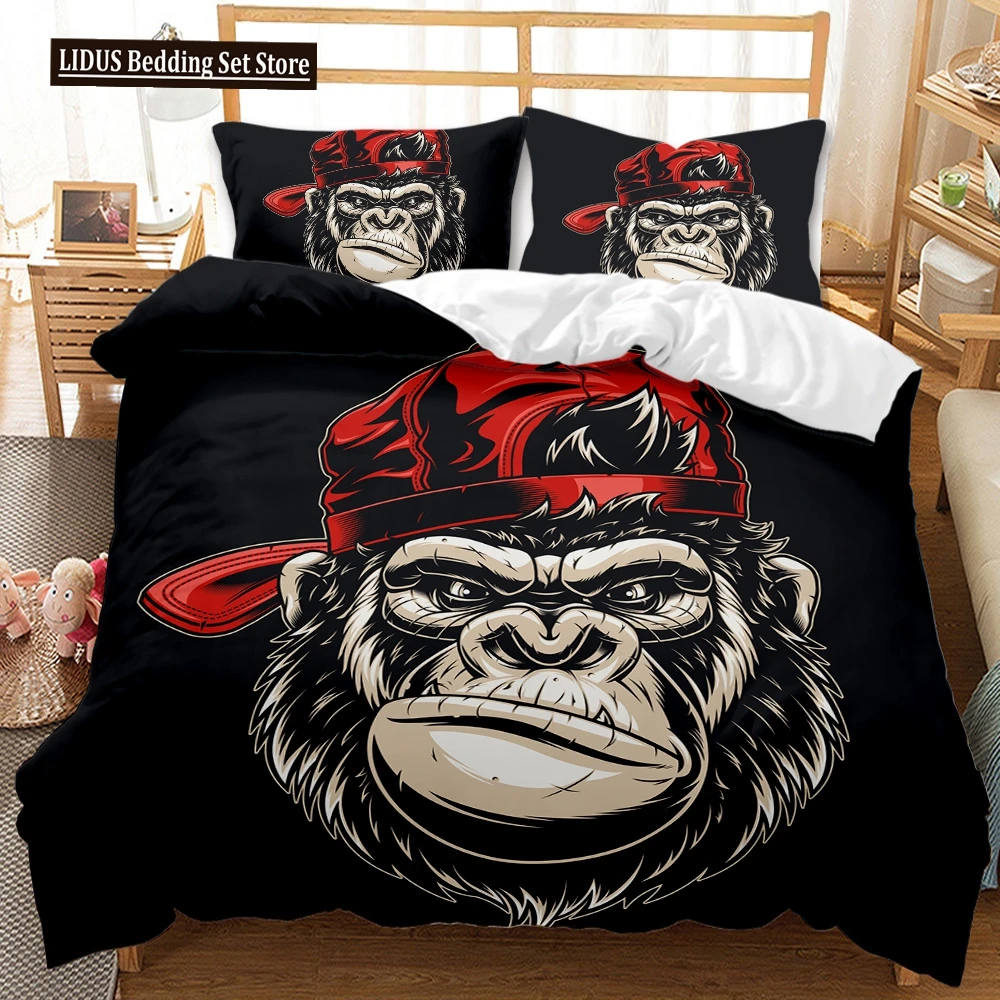 

Monkey Duvet Cover Gorilla Head Bedding Set Boys Teens Red Hat Comforter Cover Wild Animal Polyester Quilt Cover Queen Full Size