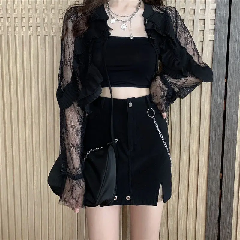 Lace Long Sleeve Shirts Women Ruffles Sexy Patchwork Lace-up Temper Sunproof Spring Summer Girls Casual Crop Tops Printing Loose