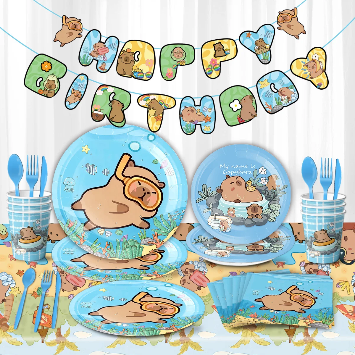 

Disney Cute Capybara Birthday Decor Disposable Tableware Tablecloth Cups Plates Napkins Animal Baby Shower Kids Party Supplies