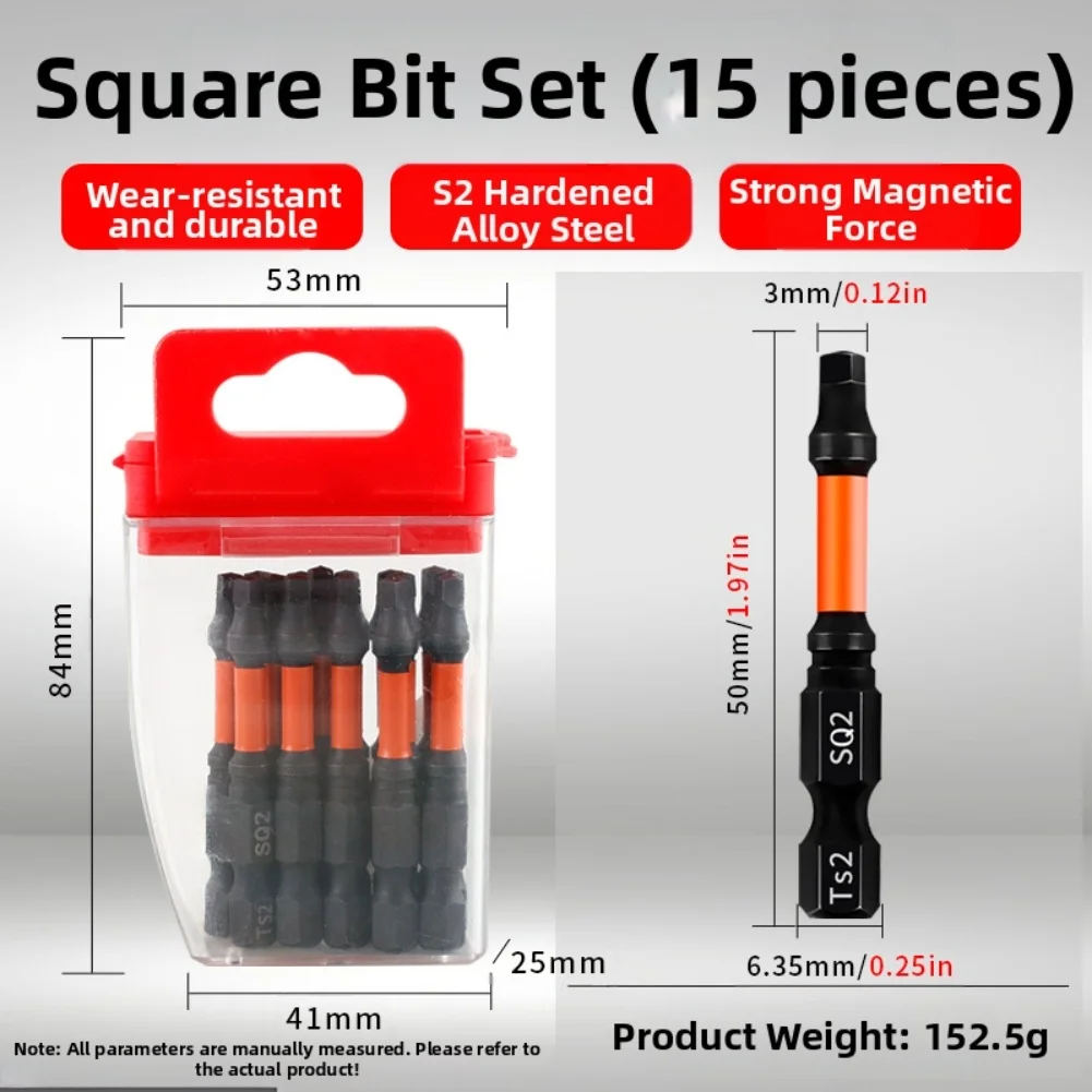 For Impact Wrench 1 4 Hex Shank Torque Square Bit Set For Workshop Use As Shown 15-piece 50mm SQ1 SQ2 SQ3 Sizes