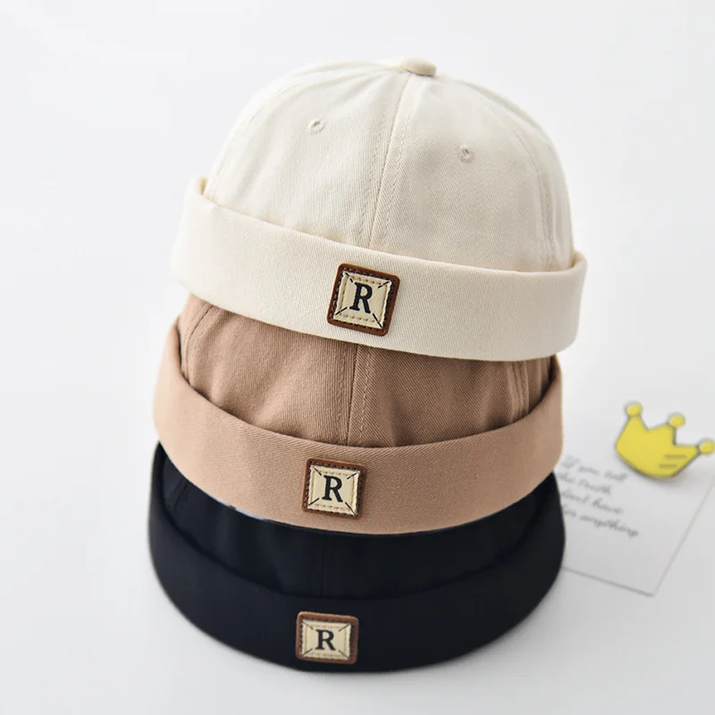 Children Boys Girls R Letter Melon Cap Vintage Baby Brimless Hat Spring Autumn Kids Toddler Cotton Docker Caps