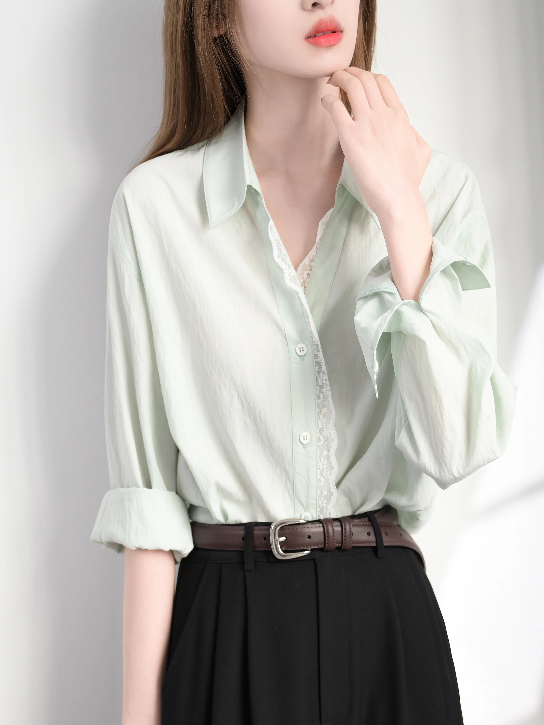 

TRR Textured Loose Long Sleeve Women's Shirt Lace Trim Commute Chic Fashionable Casual Business Style Cotton Blend Blouse