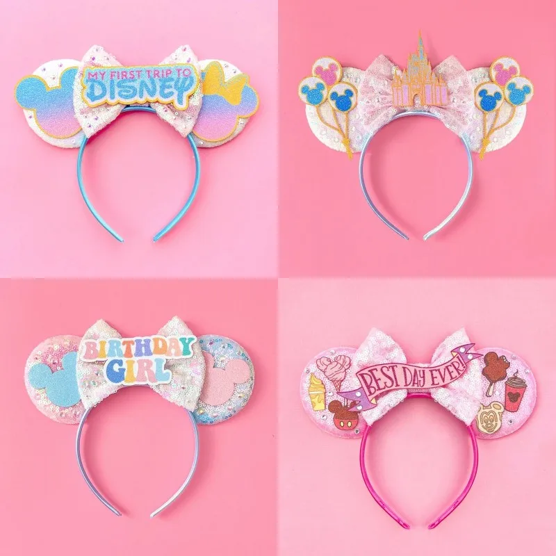 Disney Mickey Mouse Ears Headbands for Women Girls Party Hair Accessories Minnie Mouse Hairband Kids Sequins Bows Headwear Gifts