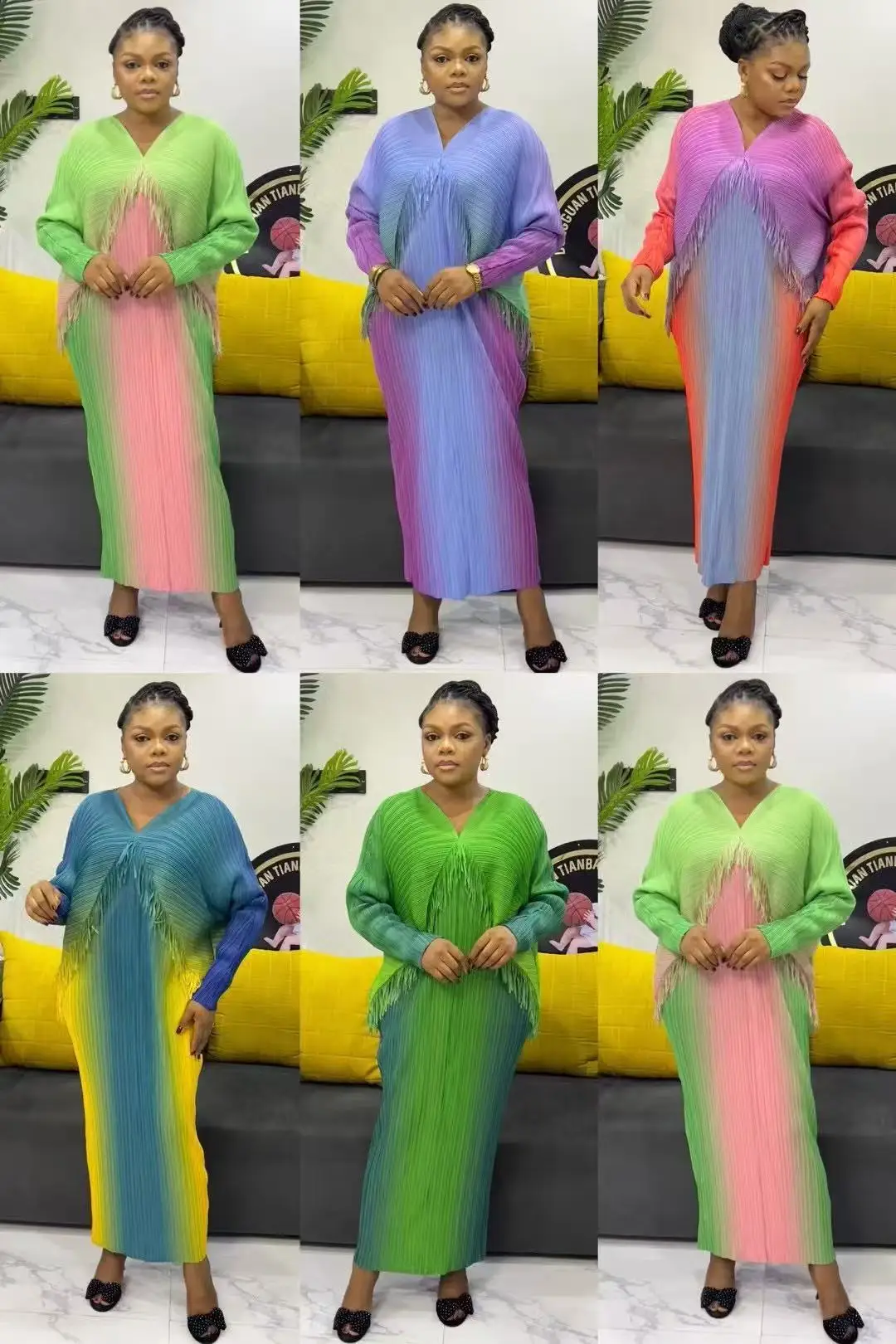 2025 Early Spring and Autumn New High-end Niche Women's Bat Sleeve Tassel Pleated V-neck Gradient Multi-color Dress