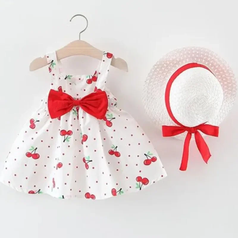 1 Stück Kinder Mädchen Sommer ärmelloses Kleid süßer Druck Schleife Freizeitkleid mit Strohhut
