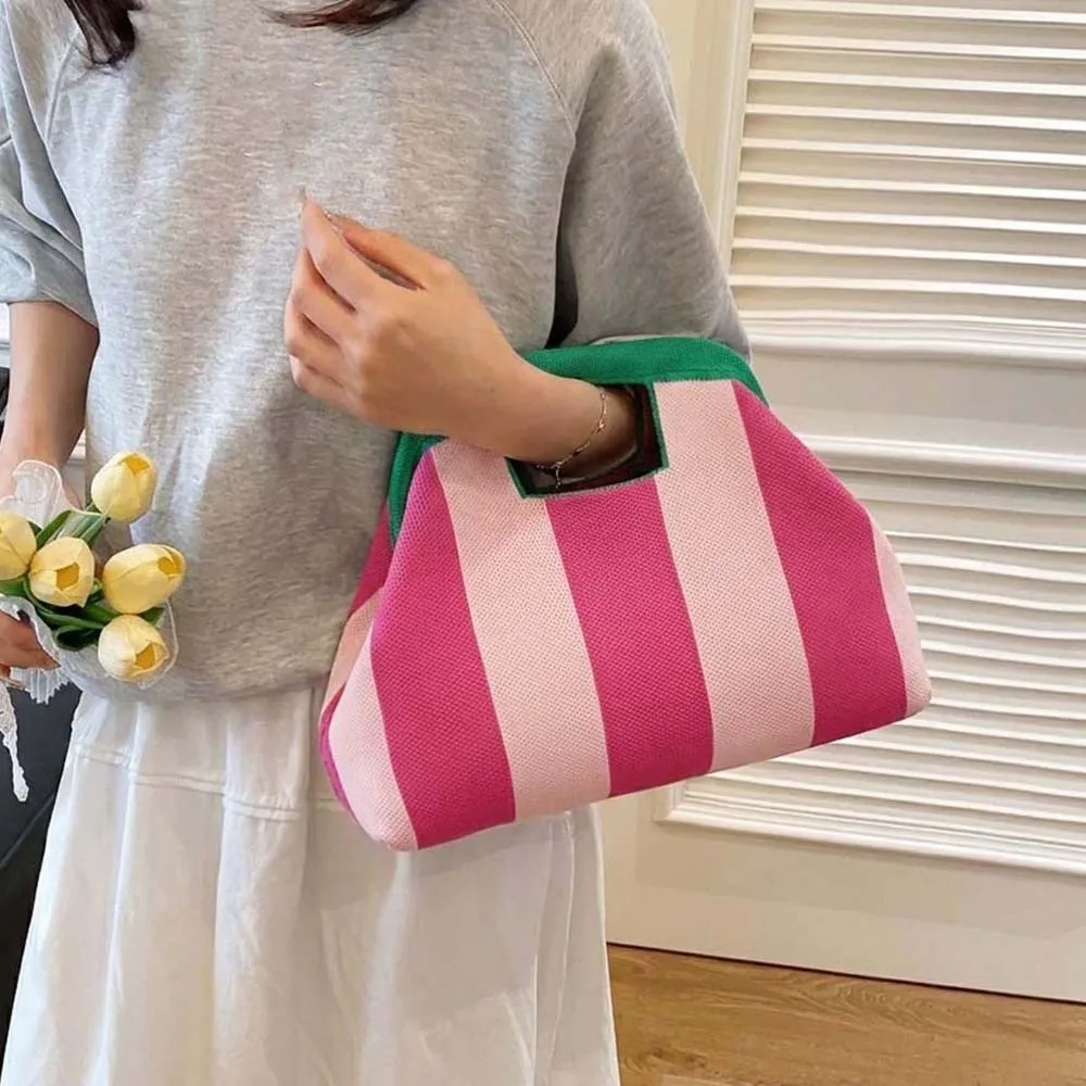 Knitting Wristlet Bag Woven Knit Handbag Lightweight Soft Striped Tote Bag Handmade Durable Cutout Handle Clutch Beach