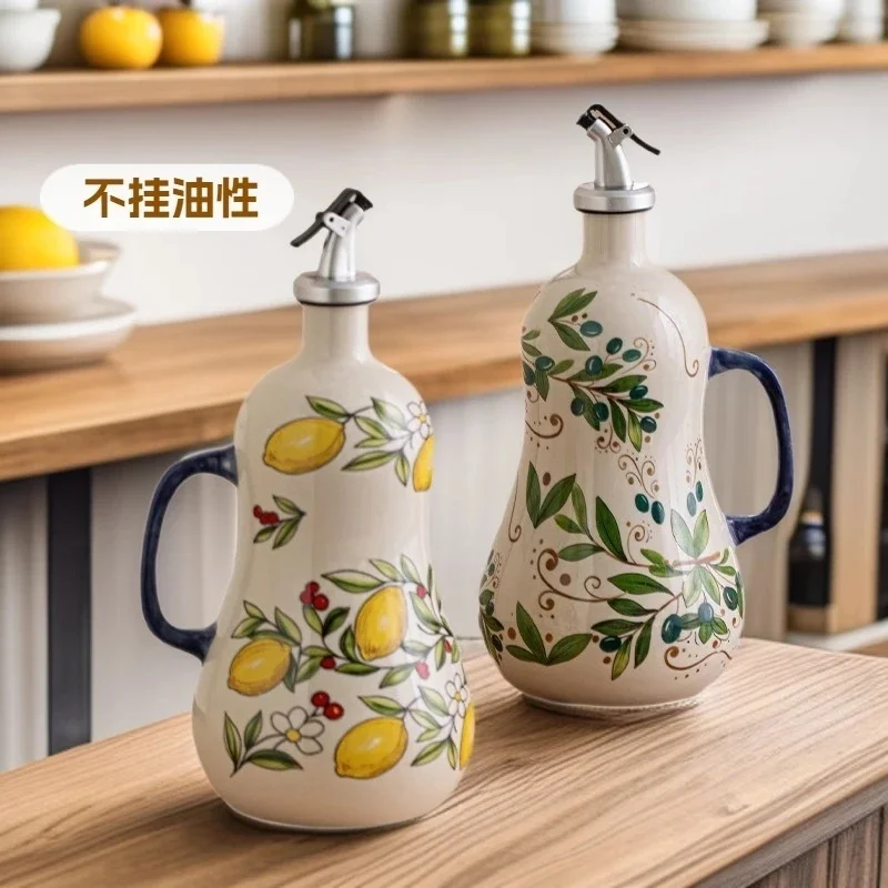 

Hand Painted Ceramic Oil Vinegar Bottle Lemon Olive Pattern Leak Proof No Drip With Handle Kitchen Olive Oil Soy Sauce Dispenser
