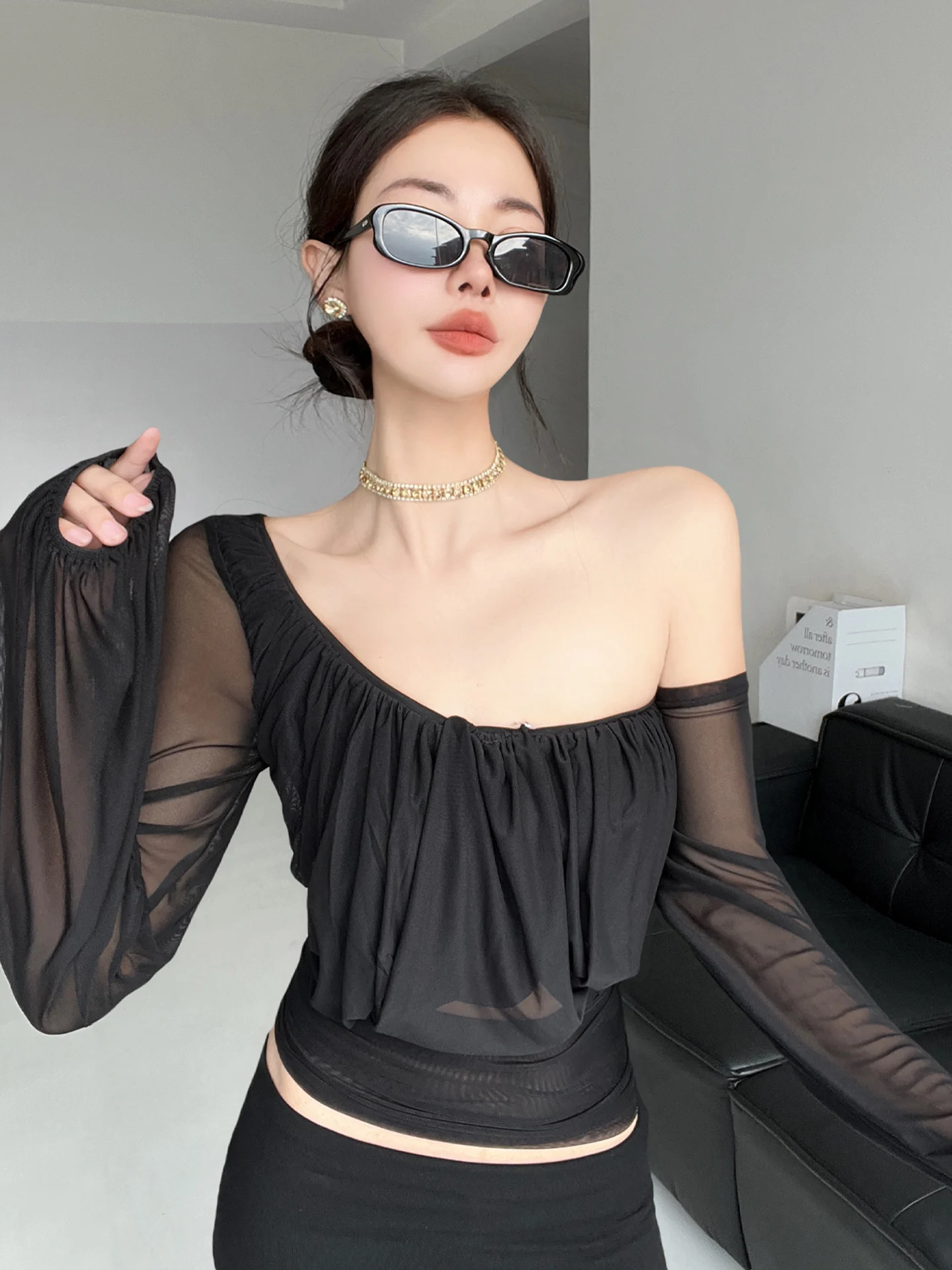 

Sexy Svel ort Me T-irt Thin Sunade Cover up Waist Exposure Long Sve Lace irt for Young Women Summer Top