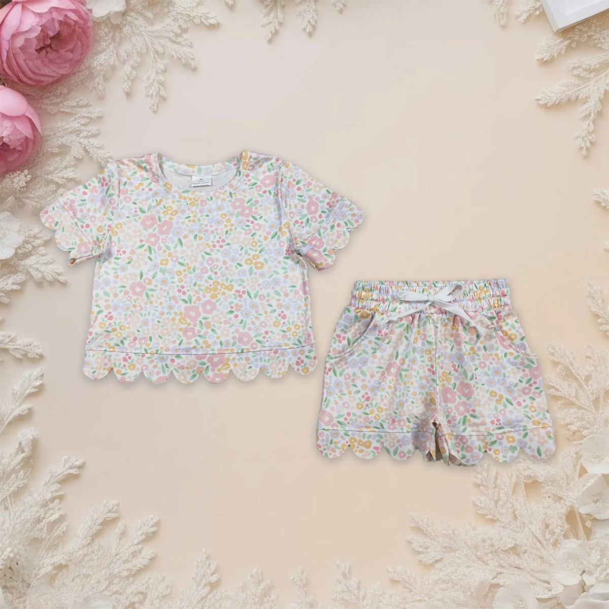 

Baby Girl Short Sleeve Colorful Small Flowers Top Shorts Scallop Sets Toddler Kids Clothes Children Boutqiue Clothing Wholesale