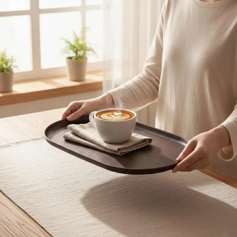 Walnut Wood Grain Oval Multi-Purpose Tray Food Safe Serving Platter for Snack Pastry Breakfast Countertop Organizer