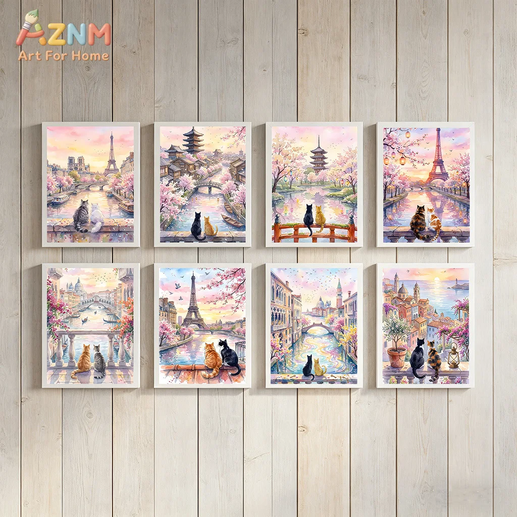 AZNM Unframed Canvas Print Watercolor Cityscape Cat Wall Art Paris Venice Sakura Home Decor Poster