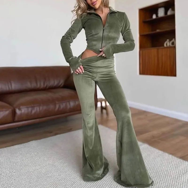 Elegant Turn-down Collar Zipper Jacket & Slim Pants Set Y2K Style Casual Solid Velvet Suit Women Fall Winter Long Sleeve Outfits - view 3