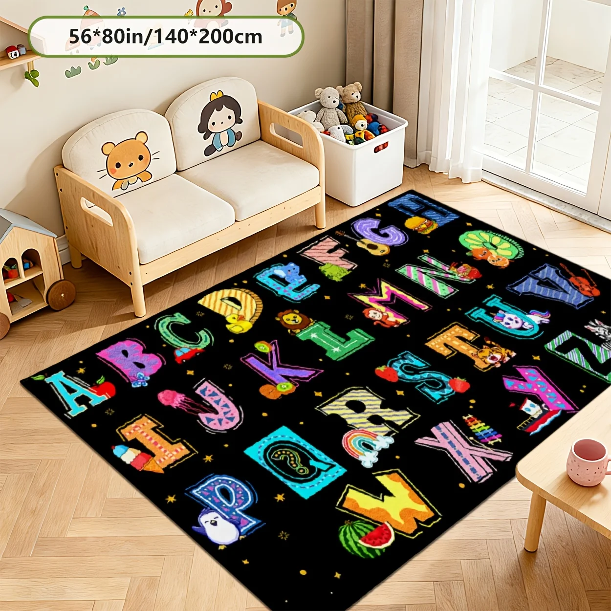 1pc Cartoon‑Letter‑Print Rectangular Area Rug, Indoor Floor Mat for Kids Bedroom, Playroom,Children‑Activity Home Decor
