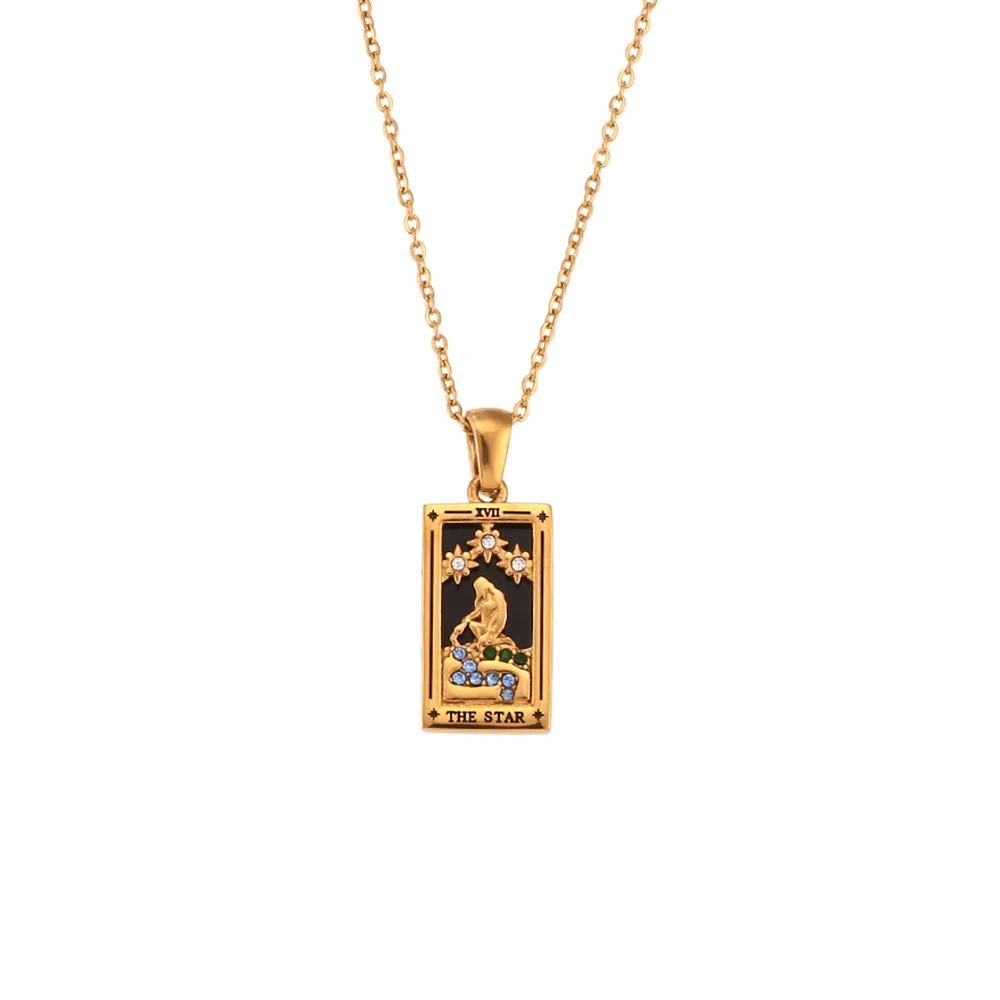 European and n ins fashion retro popular popular pendant pendant stainless steel rectangular drop oil zircon tarot card necklace