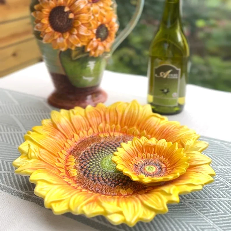 Sunflower Ceramic Dumpling Plate-Multi-Purpose Floral Design Dinnerware for Seafood&Condiments Handmade Decorative Serving Plate
