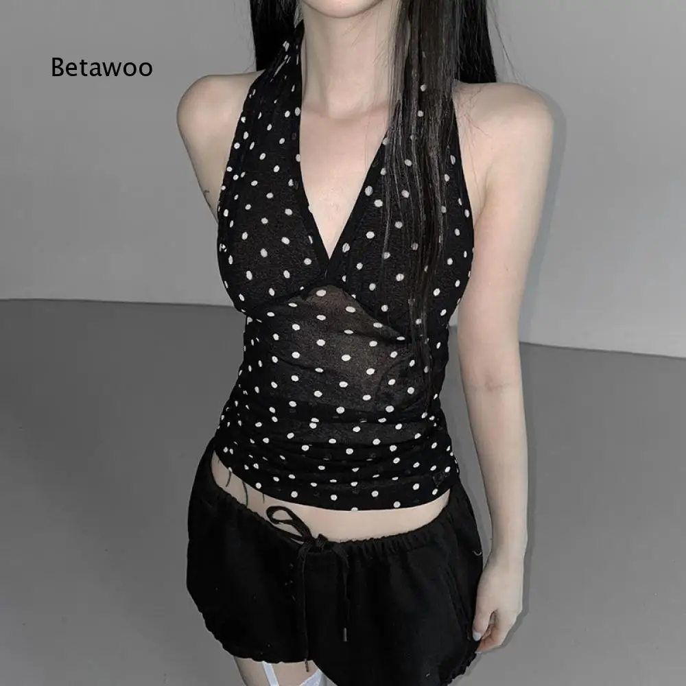 Casual Daily Sleeveless Halter Tank For Women Polka Dot Sheer Mesh Deep V Wrap Front Slim Fitted For Street And Date Outfits