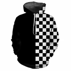 3D Printed Checkerboard Plaid Hoodies For Men Women Black White Pattern Long Sleeves Casual Hooded Tops Pullovers Sweatshirts