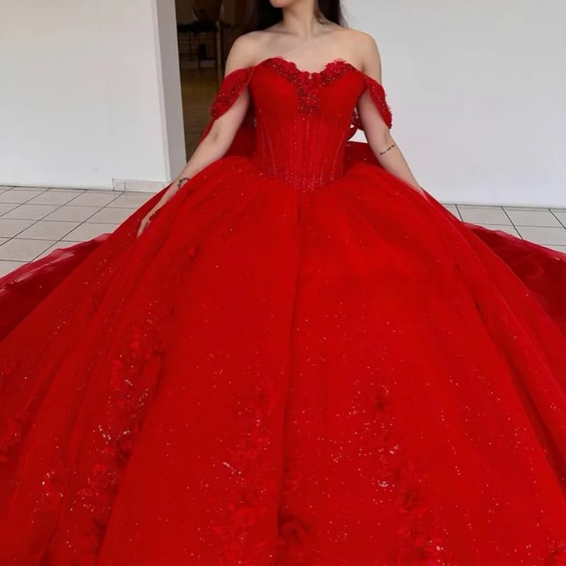 

Red Quinceanera Dress off-shoulder Crystal Glitter Decal 3D FlowerLong tail Big Bow vestidos de 15 Quinceanera ﻿Customize