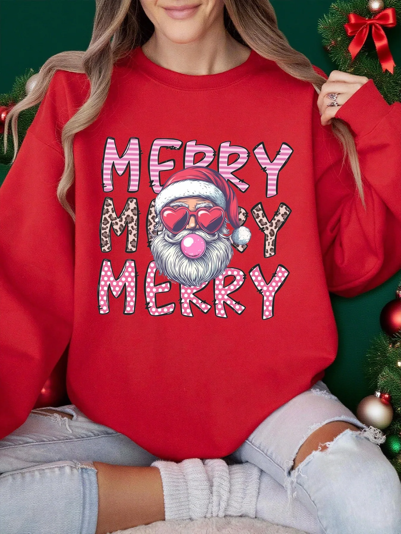 메리 크리스마스 산타클로스 재미있는 디자인 여성 스웨트셔츠 힙합 패션 스포츠웨어 크루넥 플리스 풀오버 캐주얼 루즈 탑스