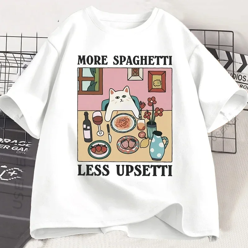 

Футболка More Spaghetti Less Upsetti Cat, забавная футболка для любителей кошек, топ с рисунком еды и юмором для женщин, повседневная свободная футболка с принтом