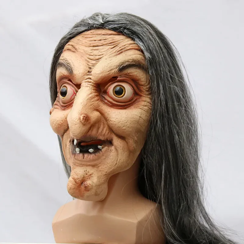 Scary Old Witch Mask Latex with Hair Halloween Fancy Dress Grimace Party Costume Cosplay Masks Props Ghost House Escape Adult