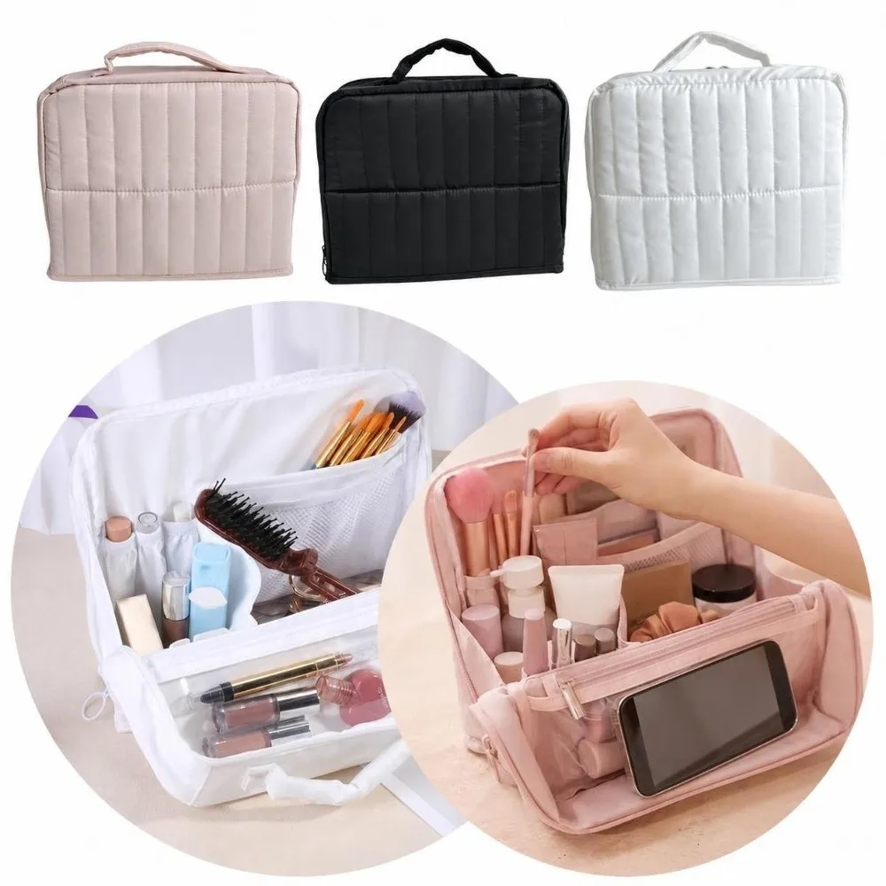 Portable Oxford Cloth Standing Makeup Bag Large Capacity with Compartments Toiletry Bag Waterproof Cosmetic Bag for Travel