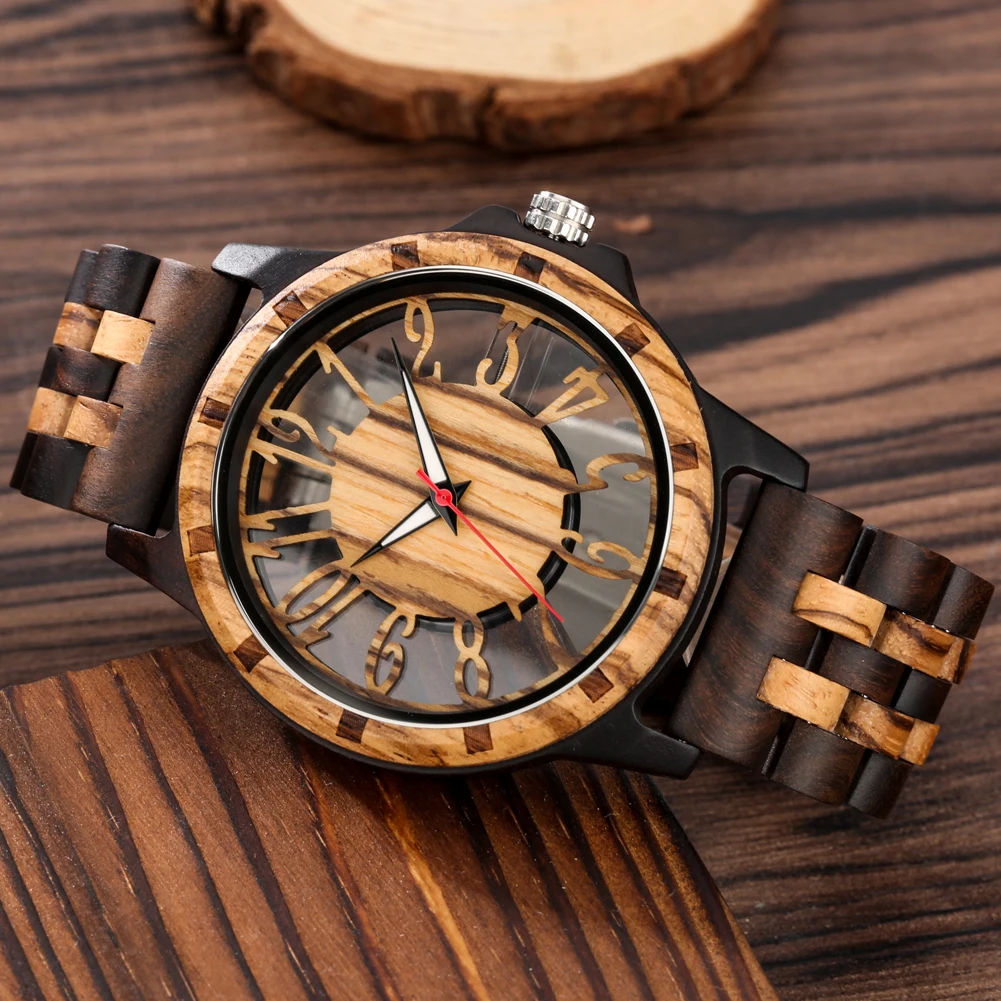 Chic Transparent Hollow Arabic Numerals Dial Quartz Wooden Men Watch Quartz Movement Vintage Natural Full Wooden Watch Band