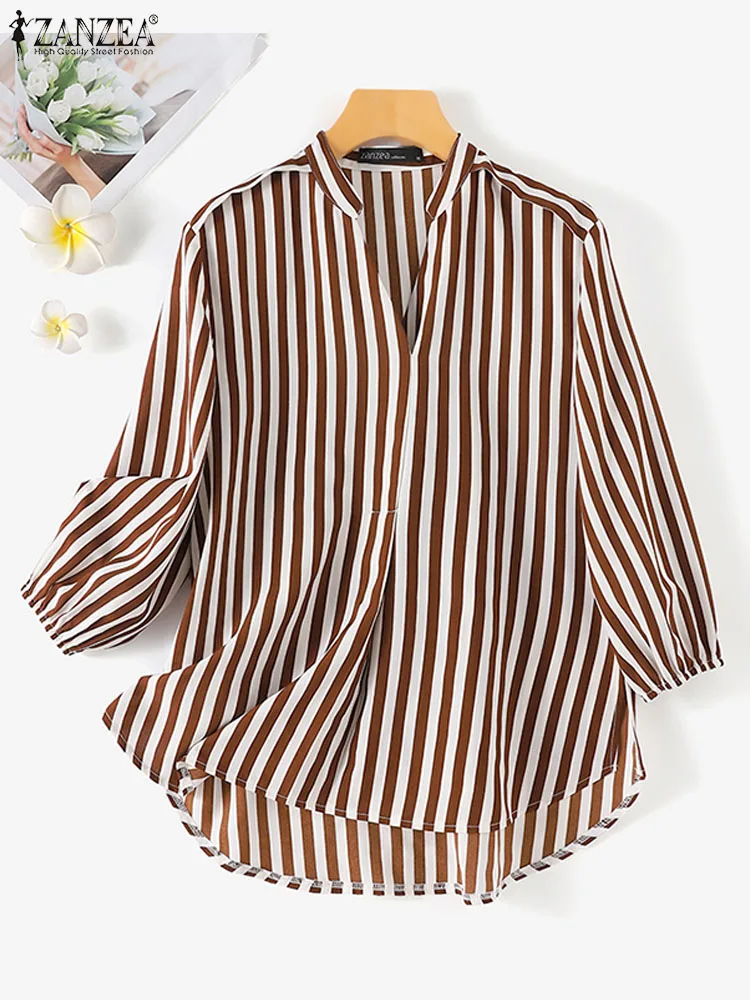 ZANZEA Fashion Turkey Muslim Blouse Woman Puff Sleeve Stand Collar Blusas Casual Holiday Islamic Clothing Elegant Striped Shirt