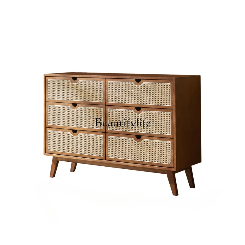 Nordic Solid Wood Rattan Woven Four Or Five Chest of Six Drawers Simple Modern Dining Side Drawer Storage