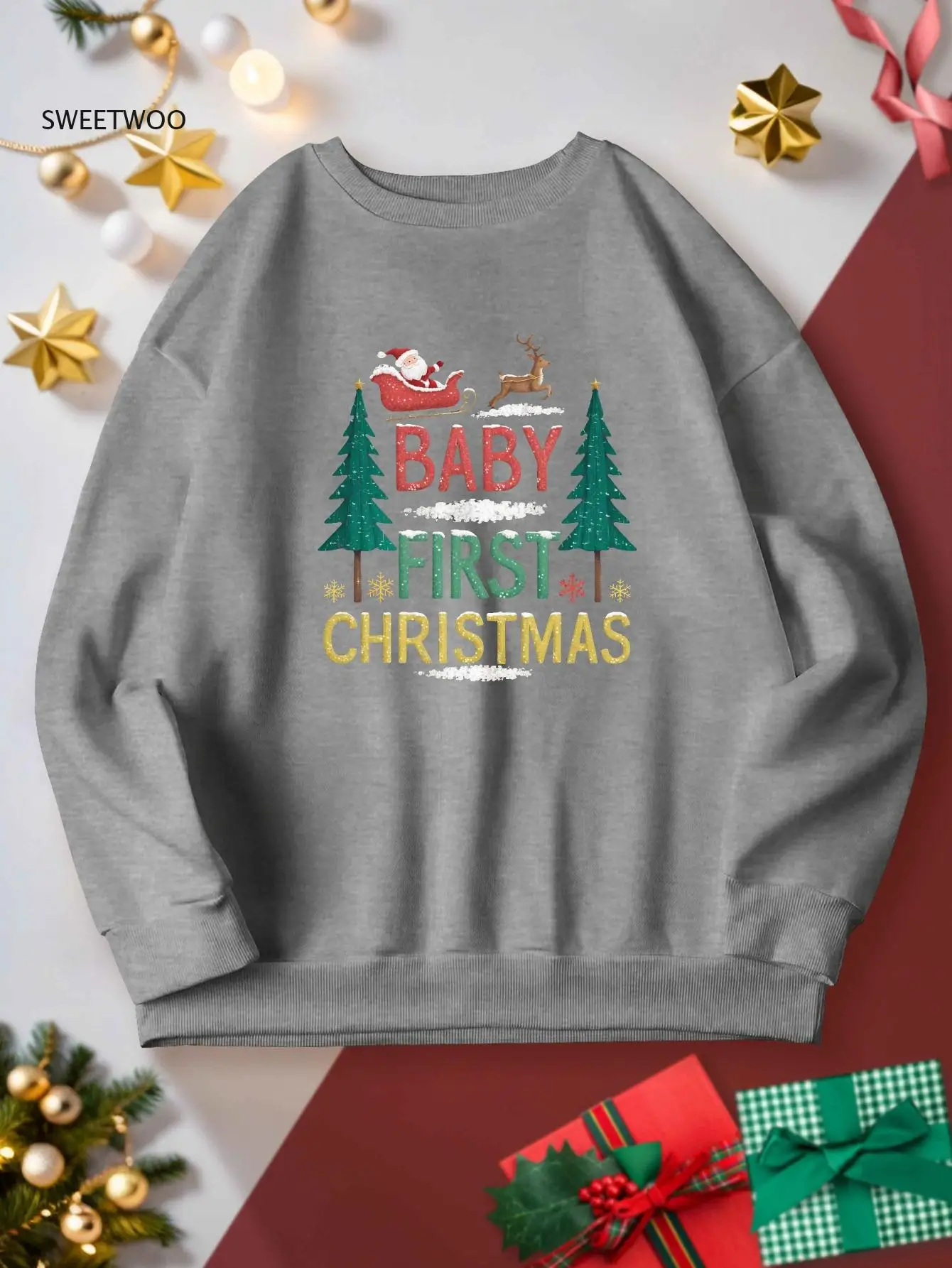 

Women's Baby First Christmas Casual Crew Neck Sweatshirt-Polyester Knit Fabric with Geometric Pattern - Fall/winter Fashion Top