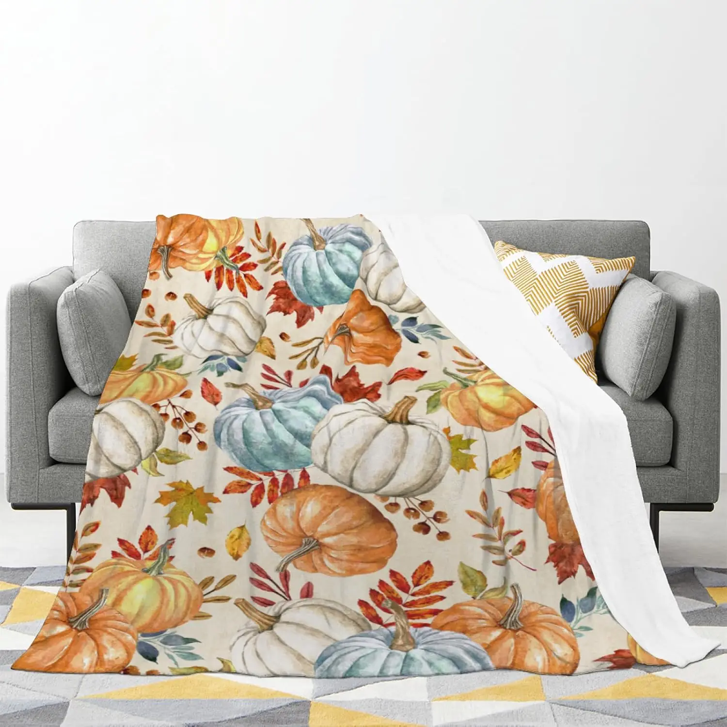 Fall Pumpkin Blanket Soft Flannel Lightweight Orange White Blue Pumpkins Maple Leaves Throw Blanket Cozy Warm Thanksgiving Farmhouse Home Party Decor On Living Room Sofa Couch 40x50 inch