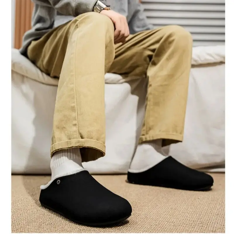 

Men's Winter Cotton Slippers Thick-Soled Anti-Slip Wear-Resistant Fleece Warm Shoes Half Slippers for Comfortable Footwear