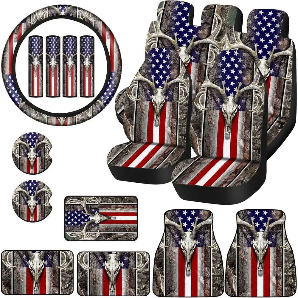 

19-Piece American Camo Car Seat Covers Set with Deer Design, Steering Wheel Cover, Floor Mat, Armrest Pad, Car Holder for 4th of